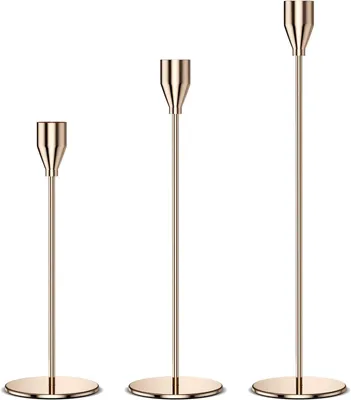 Image de Bougeoirs en métal doré - Lot de 3 - 13, 18 et 22 cm - Supports à bougies pour bougies de table - Style vintage