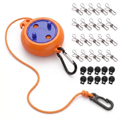 Camping-Wäscheleine 10 m ausziehbar mit 20 Klammern orange