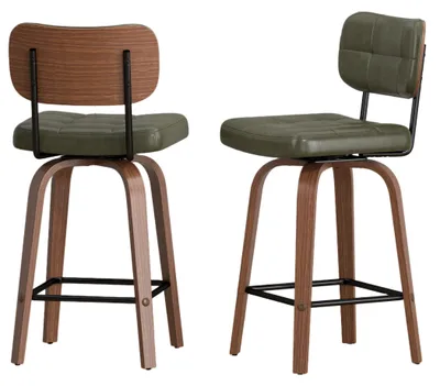 Image de Tabouret de bar rotatif à 360°, avec revêtement en similicuir PU, dossier en bois courbé et repose-pieds, couleur verte