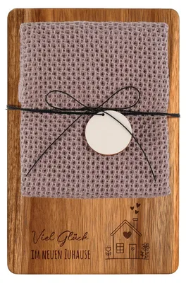 Produktbild von Holzschneidebrett mit Baumwollküchentuch Geschenk zur Einweihung