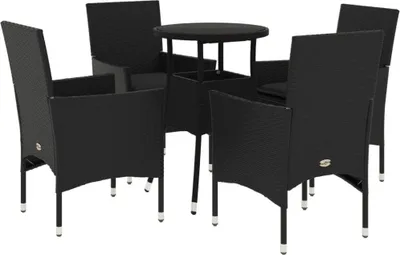 Produktbild von vidaXL 5-tlg. Garten-Essgruppe mit Kissen Schwarz Poly Rattan und Glas