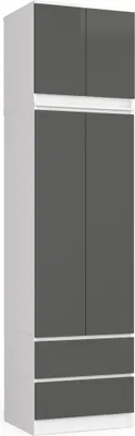 Produktbild von Kleiderschrank AKORD S60 mit Aufsatz Weiß 60 cm 2 Türen 2 Schubladen 3 Ebenen Front Graphitgrau B60 x H234 x T51 cm