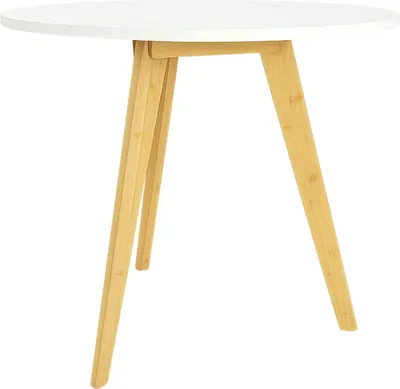 A round white table with three wooden legs against a white background.