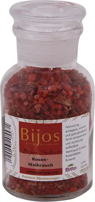 Produktbild von Bijos Select Räucherwerk in 125 ml Glasfläschchen Rosenweihrauch, wirkt entspannend und stimmungsaufhellend