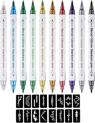 Produktbild von Famanu Temporäre Tattoo-Stifte - Hautmarker - 10 hautfreundliche Farben - 5 große Schablonen