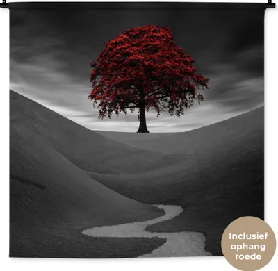 Produktbild von MuchoWow® Wandteppich Wandbehang Schwarz-Weiß-Foto mit einem roten Baum 150x150 cm Tapisserie Dekoration Wandtuch - Wohnaccessoires - Modernes