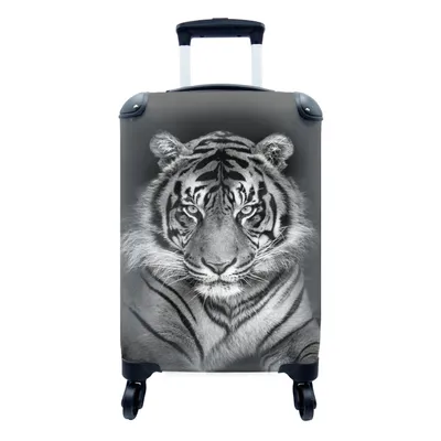 Produktbild von MuchoWow® Koffer Handgepäck Trolley Rollkoffer Kleine Reisekoffer mit 4 Rollen - Tiger - Raubtier - Schwarz - Weiß - Cabin Size < 55x40x23 cm & 55x40x20 cm - Fotokoffer - Kabinenkoffer - Boardgepäck - Reise-Box - Reisekoffer - Reisegepäck - Koffer mit Bild - Trolley für Kinder