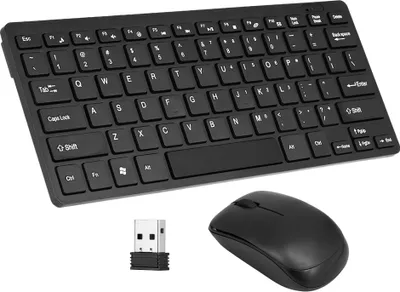 A black wireless keyboard, mouse, and USB receiver are displayed on a white background.