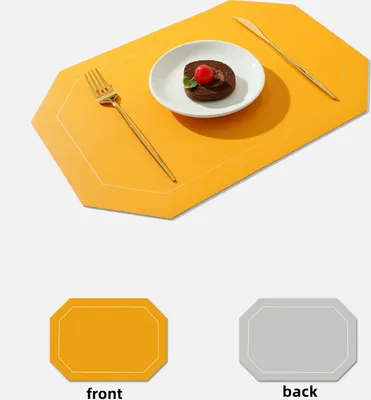 Produktbild von 6er Set Abwischbar Lederoptik Platzset und Untersetzer,Wasserdicht PVC Platzdeckchen Tischset für Hause Küche Restaurant und Hotel,43x30cm,Gelb+Grau