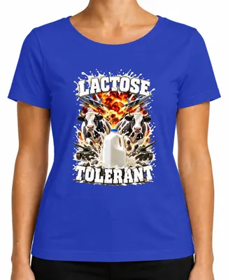 Imagen del producto de Camiseta para mujer, color azul, talla L, con el texto "Lactose Tolerant Kuh Milch Action Explosion Panzer Milchtrinker"