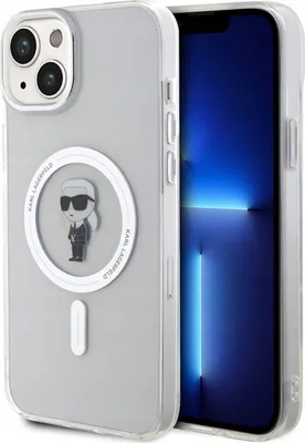 A transparent iPhone case with a Karl Lagerfeld Ikonik graphic and MagSafe ring, shown on a plain background with a portion of an iPhone screen visible.