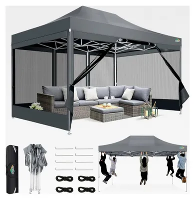 Produktbild von Pavillon 3x4,5 m, faltbar, wasserdicht, stabil, mit Moskitonetz-Seitenwänden, für Camping, Events und Gartenpartys, inklusive Tragetasche