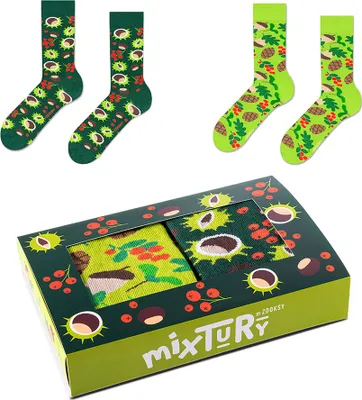 Produktbild von Set aus 2 Paar Socken mit Herbstmuster für Herren 41-46, Lange Socken mit Tannenzapfen und Kastanien