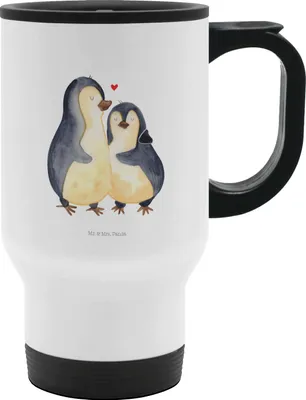 Produktbild von Mr. & Mrs. Panda Thermobecher To Go Pinguin umarmen - Weiß - Geschenk, thermosbecher, Liebe, Verknallt, To-Go-Becher, Umarmung Verliebt, Teebecher, Hochzeitsgeschenk