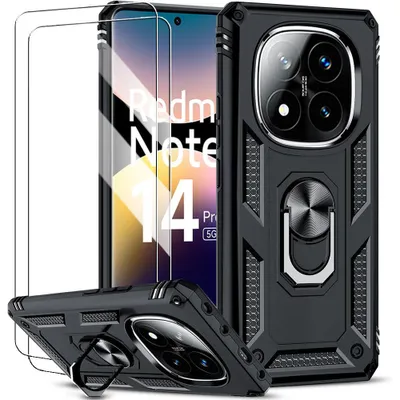 Image de Coque pour Xiaomi Redmi Note 14 Pro 5G (pas pour 4G) Protection Antichoc Rigide avec Anneau et 2 Verres Trempés - Noir