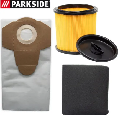 A collage of vacuum cleaner accessories: a dust bag, a filter, and a foam filter.