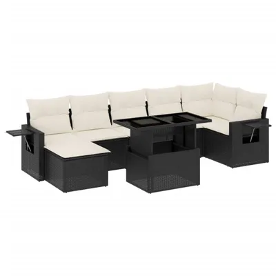 Produktbild von 8-tlg. Garten-Lounge-Set, modulares Sofa mit verstellbarem Esstisch, Poly Rattan Schwarz, UV-beständig, inkl. cremeweißer Kissen