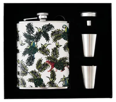 Immagine prodotto di Set regalo in acciaio inossidabile da 237 ml, composto da una borraccia, 2 bicchierini da liquore e un imbuto, con rivestimento in pelle a forma esagonale