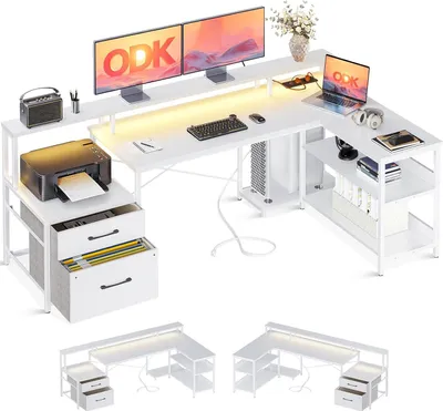 Produktbild von Famanu L-förmiger Schreibtisch mit Stauraum und LED-Beleuchtung - Eckenbüro 172,5 x 100 cm