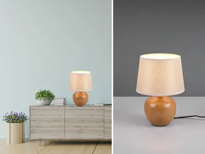 Produktbild von LED Tischleuchte klein mit rundem Stofflampenschirm & Keramik in Holzoptik Ø18cm