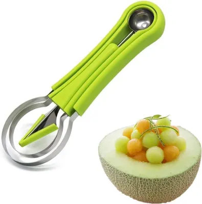 Productafbeelding van 4-in-1 fruitgereedschapset - Melonenbollepel en snijgereedschap - RVS - Groen