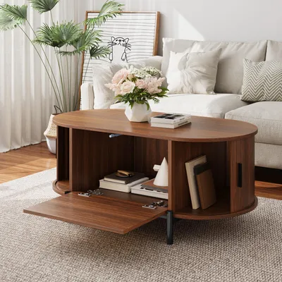 Produktbild von okwish Couchtisch Oval mit 2 Rattan Schiebetüren Sofatisch Beistelltisch mit Stauraum Für Wohnzimmer MDF Nussbaum