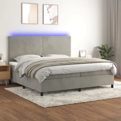 Imagen del producto de Cama con somier y colchón Living Store, color gris claro, con iluminación LED, dimensiones 200x200 cm, tapizada en terciopelo