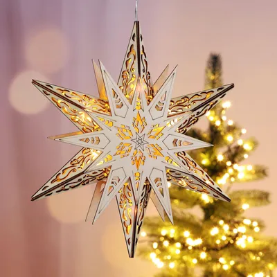Produktbild von LED Weihnachtsstern Holz 6 warmweiße LEDs Batteriebetrieb Ø29 cm