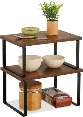 Produktbild von Relaxdays Tischregal 2-tlg. Set, Küchenorganizer für Gewürze, Geschirr uvm., stapelbar, Industrial Design, braun/schwarz