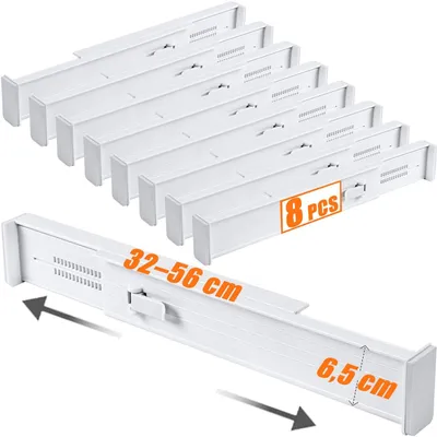 Produktbild von Verstellbarer Schubladenteiler - 8 Stück - Ausziehbarer Schubladenteiler - Organizer - Trennstangen - Weiß - ABS-Material - Schubladenorganizer