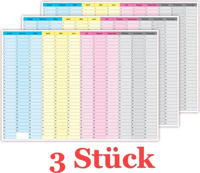 Produktbild von 3 Stück Wandkalender immerwährend abwischbar Jahresplaner Dauerkalender im DIN B2 Format 70x50 cm, durch sein zeitloses Layout ist der Kalender jedes Jahr wieder verwendbar - ewiger jahresunabhängiger Kalender