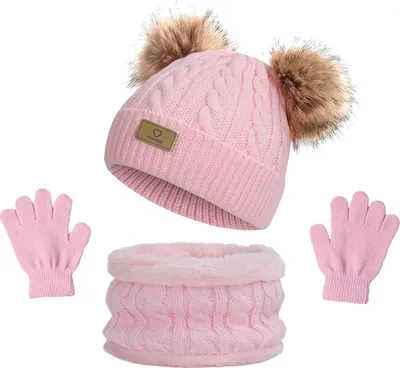 Produktbild von 3-teiliges Winterset für Kinder: Mütze, Schal, Handschuhe, zwei Mützen mit Plüschbommel-Dekor, gedrehte Textur, randlose Strickhandschuhe, Fleece-gefütterter Halswärmer