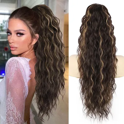 Immagine prodotto di Estensione per capelli a coda di cavallo, lunghezza 76 cm, ondulata, color marrone scuro con cordoncino biondo, da applicare con clip