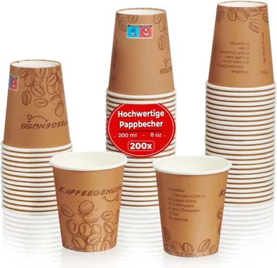 Produktbild von Pappbecher 200ml Dunkelbraun 200 Stück Einweg Kaffeebecher Coffee to go | Kaffeebecher 200ml | 8oz | Pappbecher dunkelbraun | Heißgetränkebecher