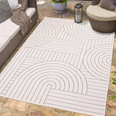 Productafbeelding van Omkeerbaar vloerkleed, beige, 160 x 230 cm, met geometrisch patroon, geschikt voor binnen- en buitengebruik