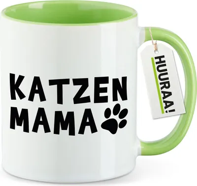 Produktbild von Huuraa Kaffeetasse Katzenmama Tapse 330ml Grün Keramik Kaffeebecher Geschenkidee