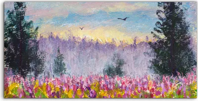 Produktbild von Coloray Spritzschutz aus Glas 120x60  Wandkunst Küchenrückwand landschaft Blume Wiese Bäume Vögel