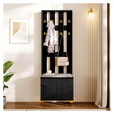 Produktbild von Garderobenset mit Schuhschrank, Spiegel und Sitzbank - Kompakte Flurgarderobe für kleine Räume, Push-to-Open mit Schallschutz in Schwarz und Gold, 180,5 cm