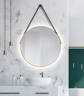 Zdjęcie produktu dla Lustro ?cienne okr?g?e Talos Gold Light Matt Ø 80 cm - lustro ?azienkowe z o?wietleniem po?rednim - wisz?cy pasek o wygl?dzie skóry - pod?wietlane lustro z neutralnym bia?ym ?wiat?em - wysokiej jako?ci matowa z?ota aluminiowa rama - lustro ?azienkowe