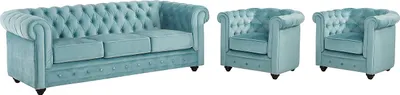 Produktbild von CHESTERFIELD 3-Sitzer Sofa und 2 Sessel - Pastellblauer Velours