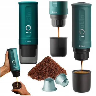 Zdjęcie produktu dla Outin OTEM-01-Teal Przenośny elektryczny ekspres do kawy, Turkusowy, Kapsułka kawy, Kawa mielona, 20 bar, 92 °C, 7500 mAh, 2,5 h