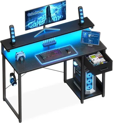 Produktbild von Gaming Tisch mit LED Beleuchtung,Kleiner Schreibtisch mit Stoffschublade & CPU-Stand, Computertisch Bürotisch PC tisch mit Monitorstand, für Büro, Gaming, Home Office, 100×45×74.5cm, Schwarz