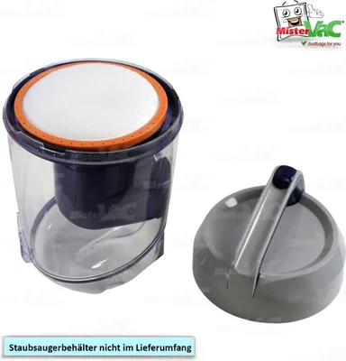 A vacuum cleaner dust container and lid are shown against a white background.