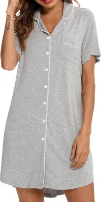 Produktbild von Damen Sommer Nachthemd Kurzarm Shirt Typ Revers V-Ausschnitt Einreihig Locker Einfarbig Homewear Schlafkleid Nachtwäsche