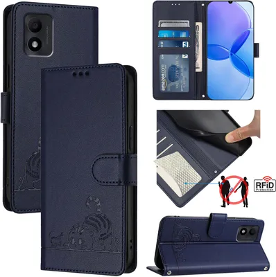 Produktbild von Leder Hülle für TCL 303 Süße Katze Flip Case Brieftasche Schutzhülle mit Standfunktion Blau