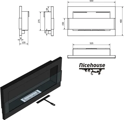 Productafbeelding van Ethanolkachel Nice-House, 650x400mm, glanzwit met glas. -ethanolkachel voor inbouw in de muur of om aan de muur te bevestigen. Biohaard 65 cm.