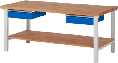 Produktbild von Werkbank mit Ablageboden - 2 Schubladen - 150:2 - 840 x 2.000 x 900 mm (HxBxT) - Traglast 750 kg - Buche