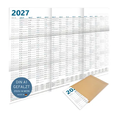 Produktbild von PuK XXL Wandkalender 2027 A1+ GEFALZT | 14 Monate mit Ferien und Feiertage | gefaltet auf A4 | 89 x 63 cm DIN A1 quer Jahresplaner | Kalender 2027