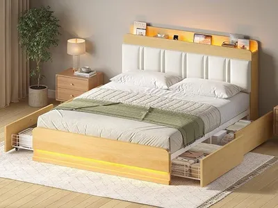Image de Lit 160x200 cm, structure de lit double, lit en métal 160x200 cm avec éclairage LED, lit avec rangement et 4 tiroirs, station de charge, tête de lit en bois rembourrée avec espace de rangement, blanc et bois naturel