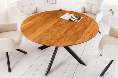 Produktbild von Massiver Esstisch GALAXIE 130cm rund natur Akazienholz schwarz Metallgestell